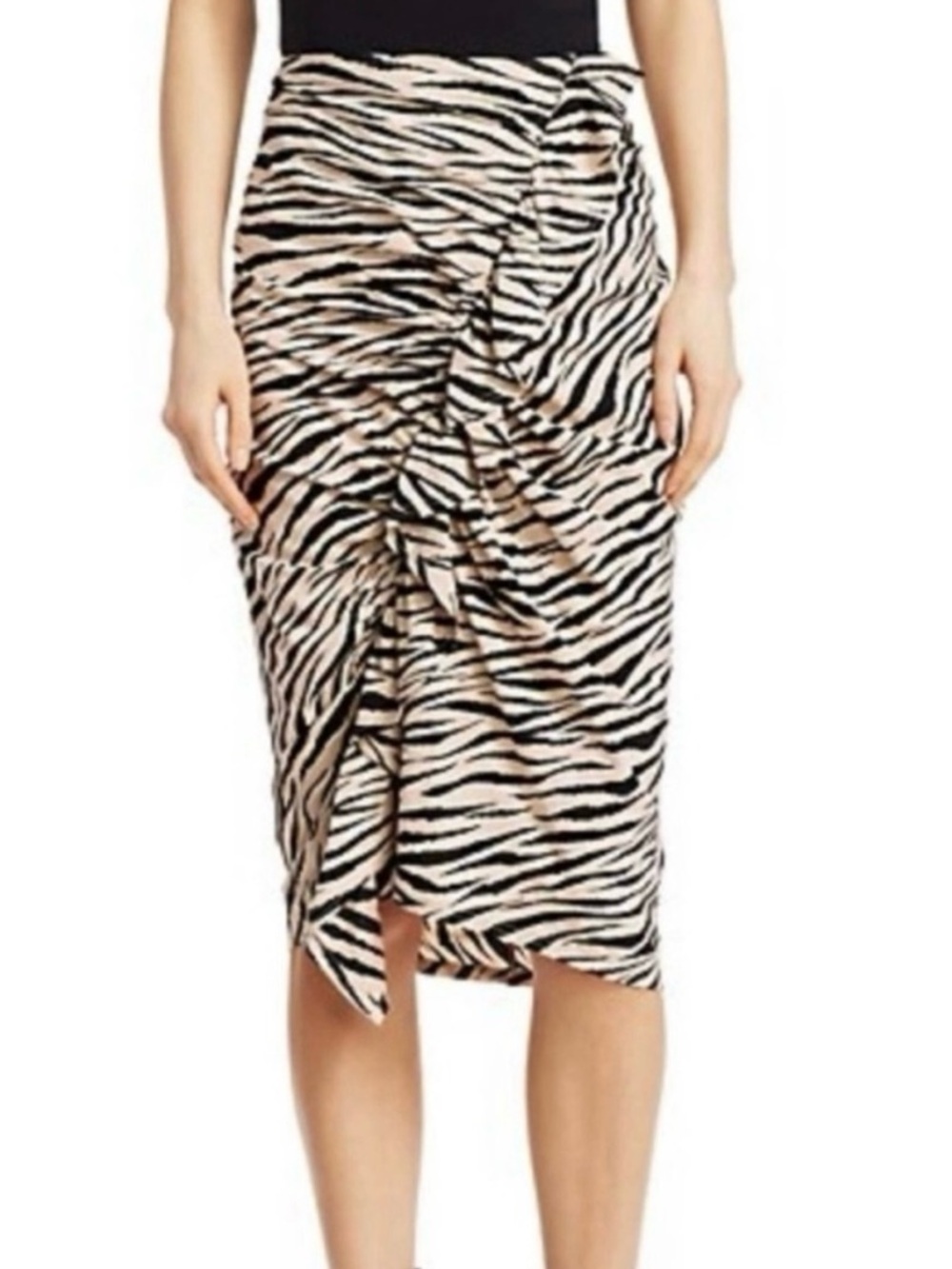 ALC Zebra Print Ruched Midi Skirt - Black & Cream Size 2